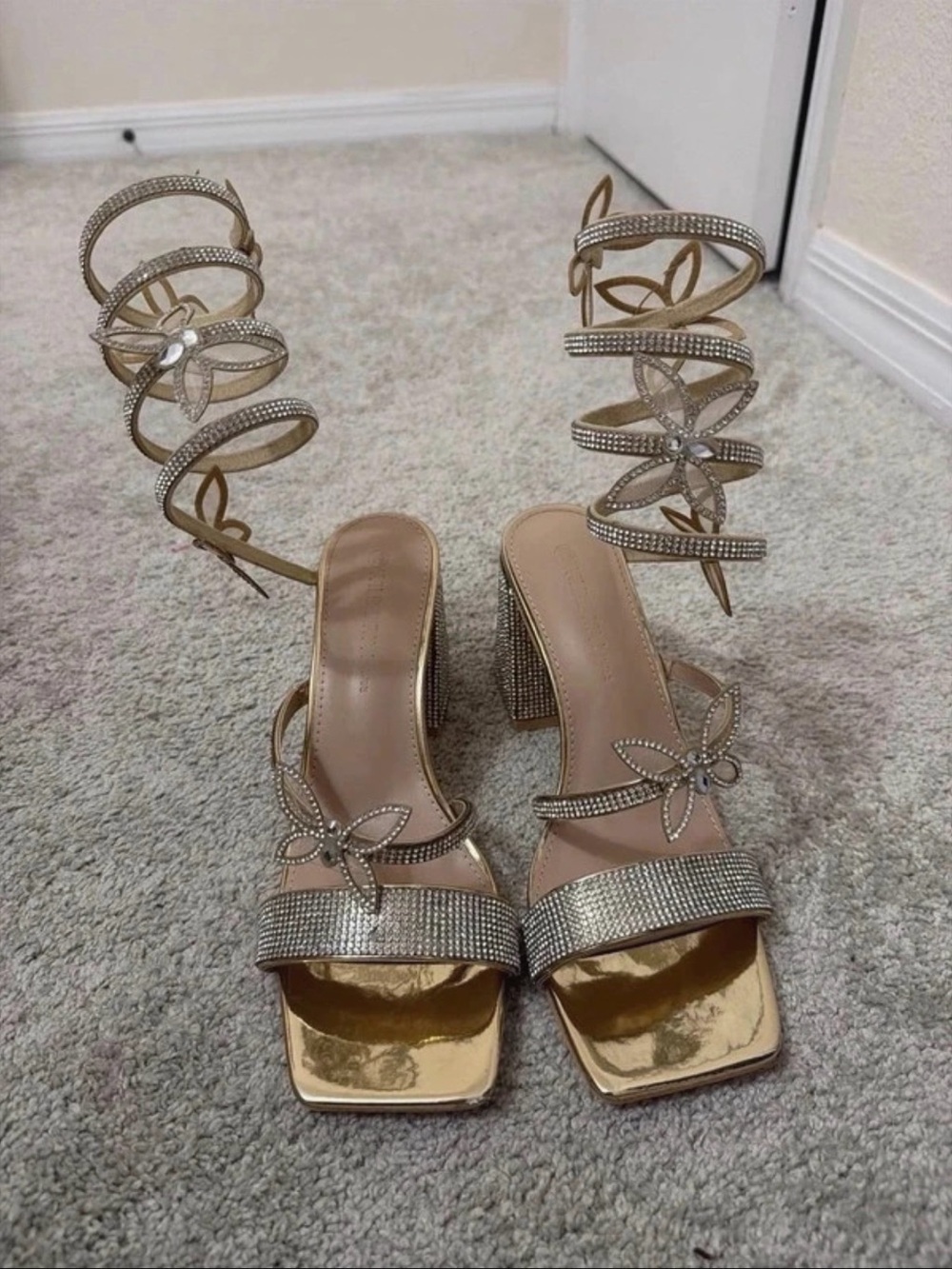 Wild Diva Gold Crystal Spiral Floral Block Heel Sandals